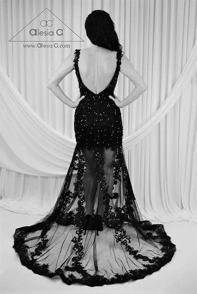 NIGHT SKY Black Beaded Lace Low Back Mermaid Evening Gown