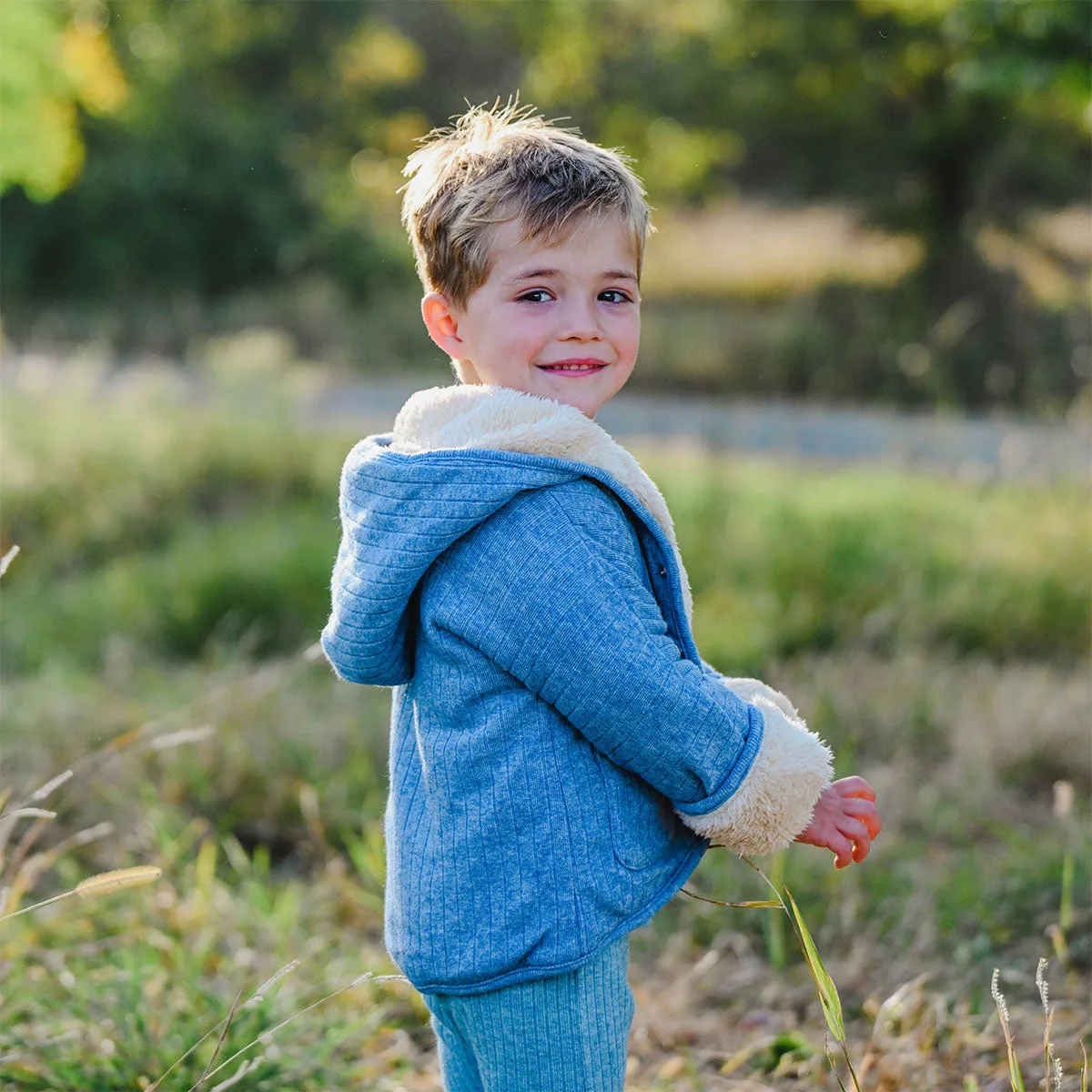 oh baby! Wide Rib Sweater Knit Winter Snowdrift Jacket - Blue Heather (Biscuit Lining)