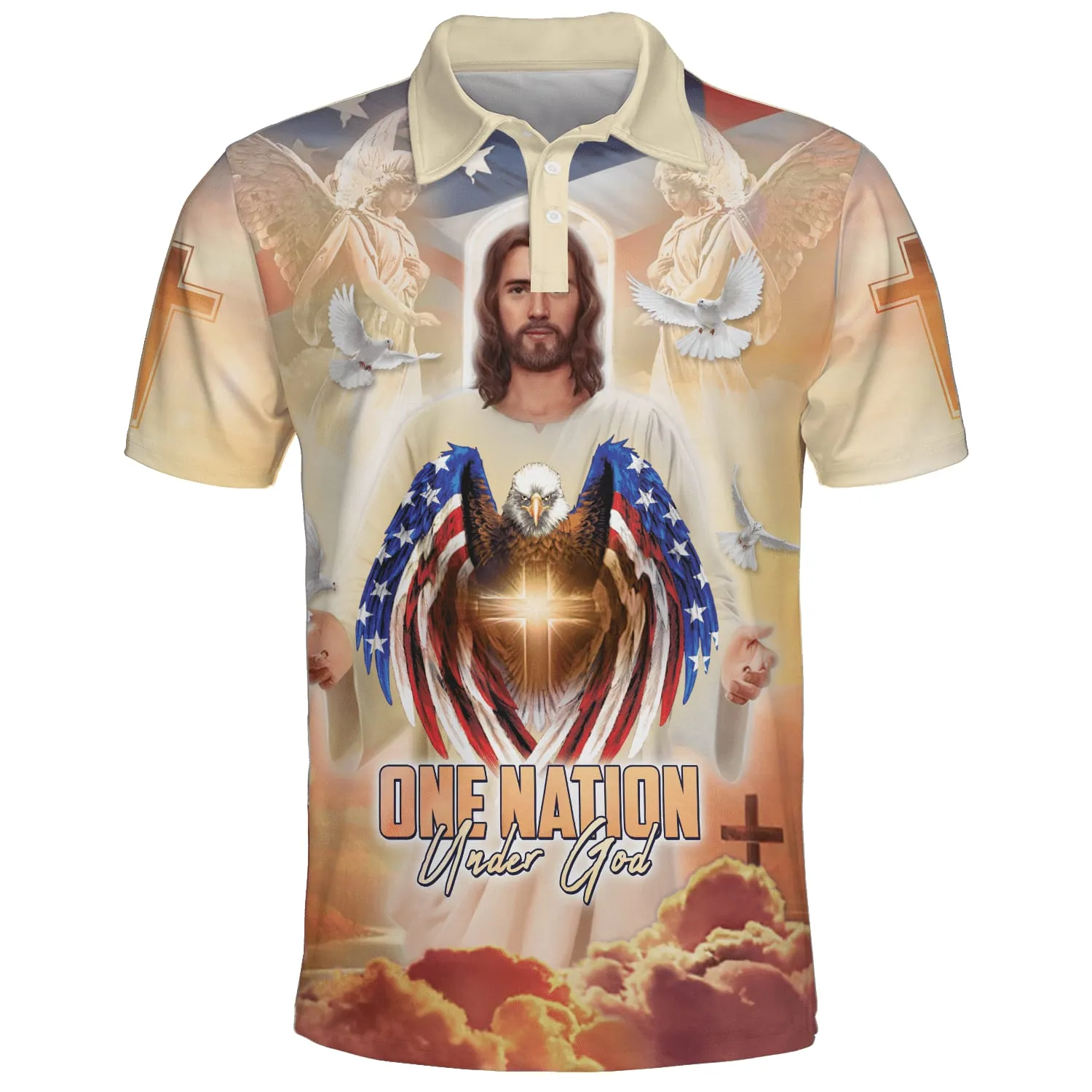 One Natiom Under God Jesus And Eagle American Polo Shirt - Christian Shirts & Shorts