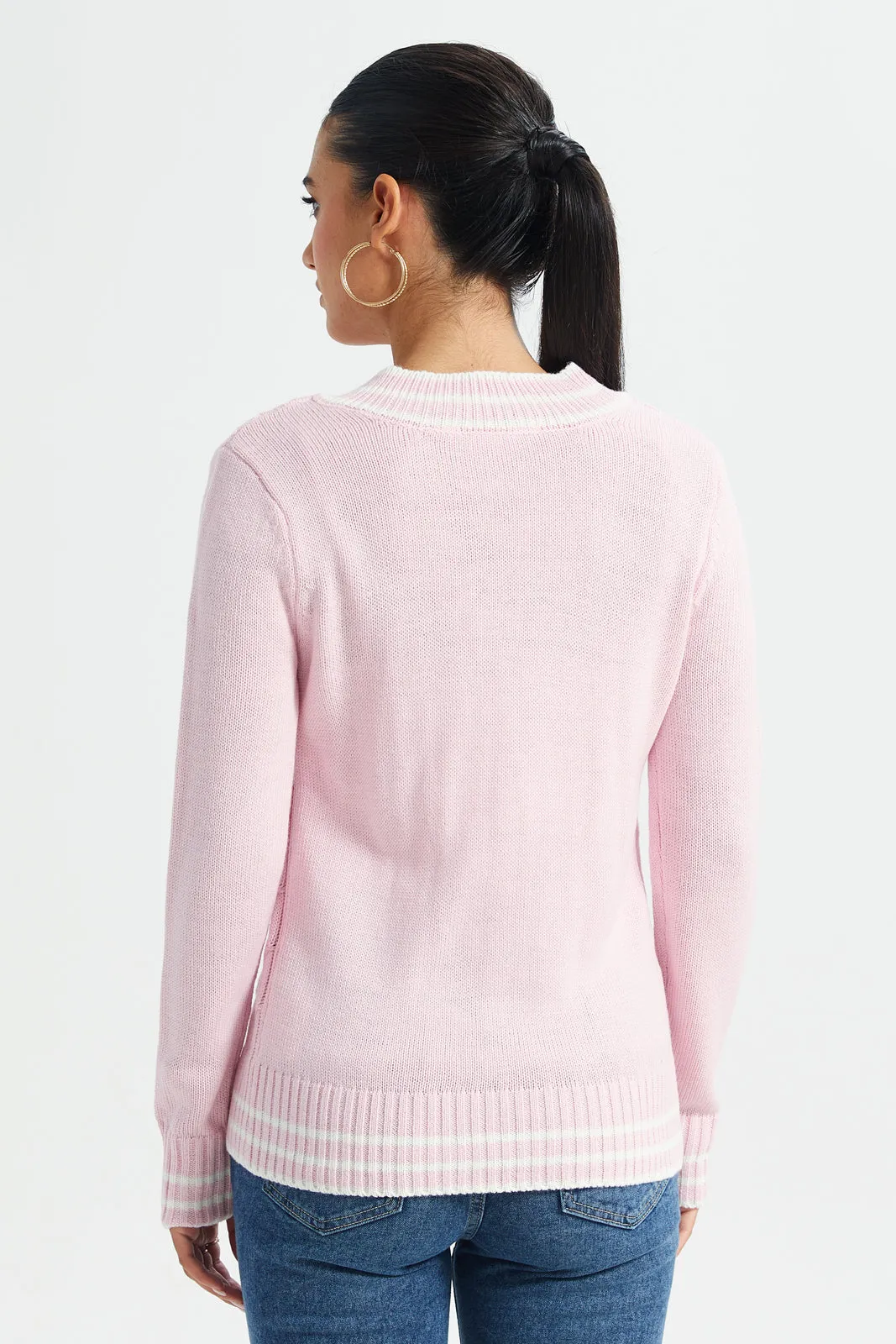 Pink & White Stripe Cable Knit Sweater