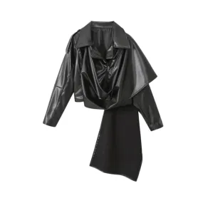 Pre Order:  Asymmetrical Faux Leather Scarf Jacket