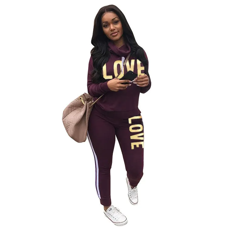 Printed Letter Love Sweatshirt & Pant Sports Suit