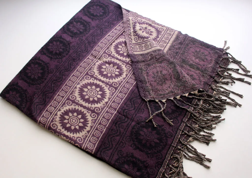 Purple Flower Mandala Hand Loomed Yak Wool Shawl