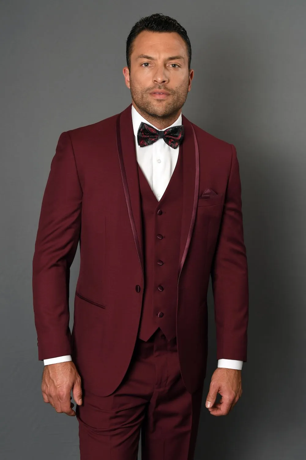 "Caesar" Burgundy 1-Button Shawl Tuxedo (4-Piece Set)