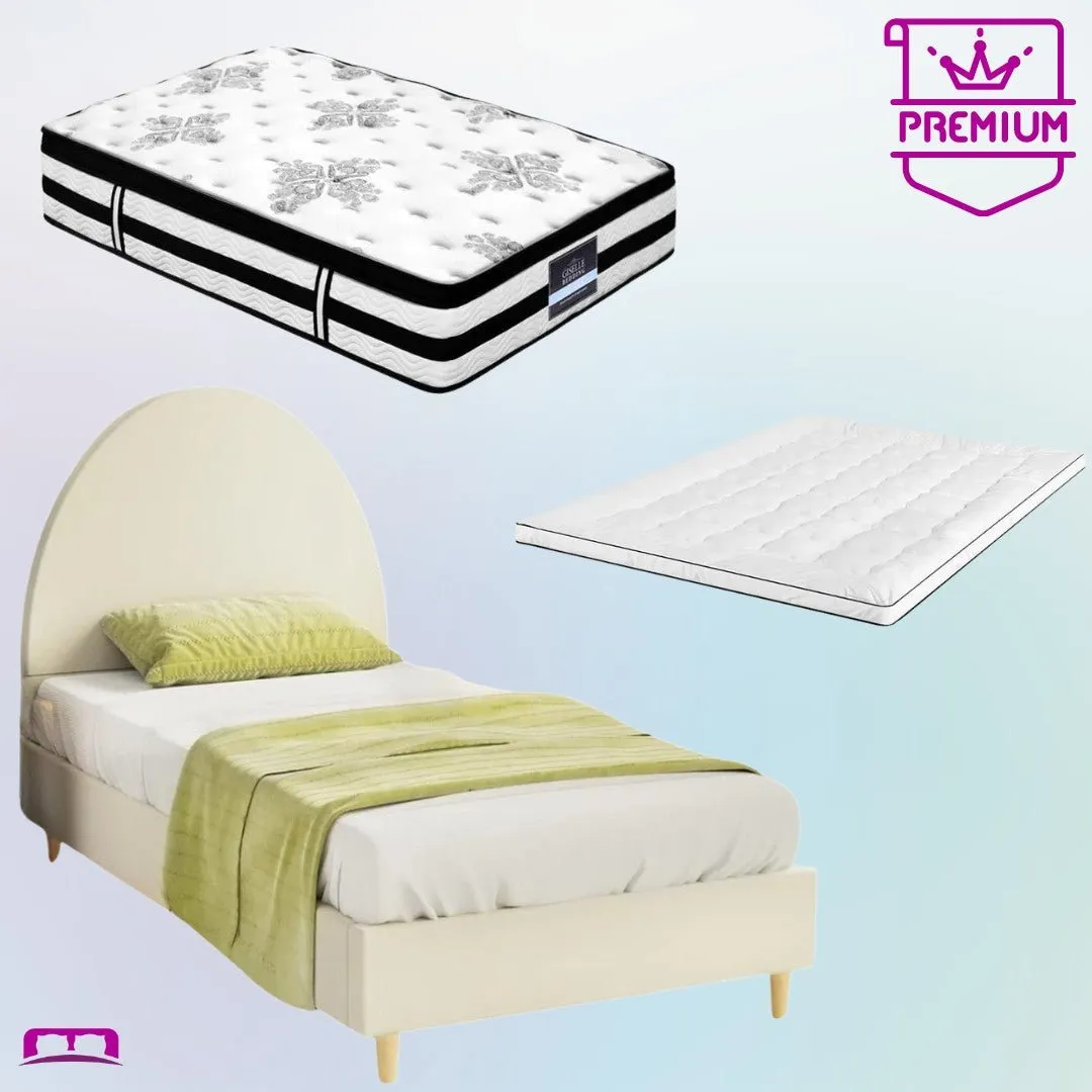 Single Premium Package | Ella Arched Bed Frame Cream Velvet, Algarve Euro Top Pocket Spring Mattress (Medium Firm) & Pillowtop Mattress Topper