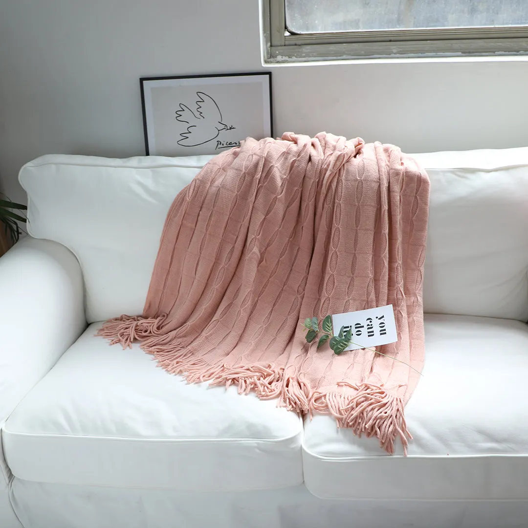 SOGA 2X Pink Textured Knitted Throw Blanket Warm Cozy Woven Cover Couch Bed Sofa Home Decor with Tassels