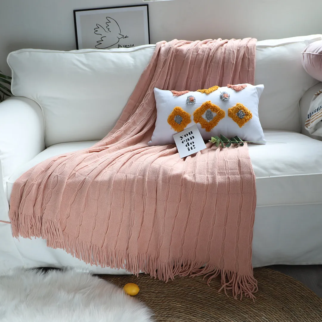 SOGA 2X Pink Textured Knitted Throw Blanket Warm Cozy Woven Cover Couch Bed Sofa Home Decor with Tassels