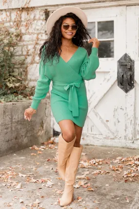 Talk of The Town Green Belted Sweater Dress FINAL SALE