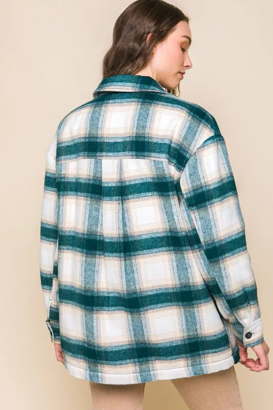 Teal Blue Plaid Button Up Jacket with Sherpa Lining