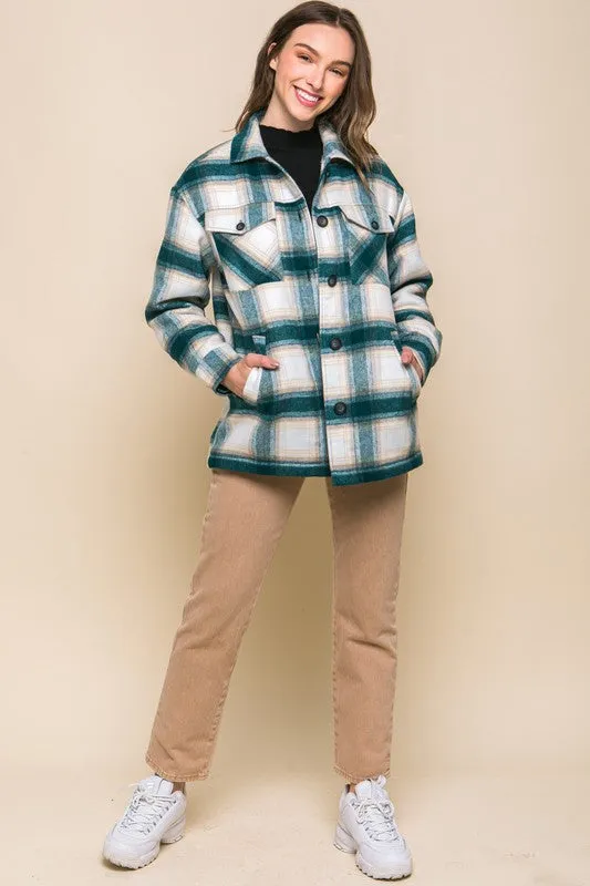 Teal Blue Plaid Button Up Jacket with Sherpa Lining