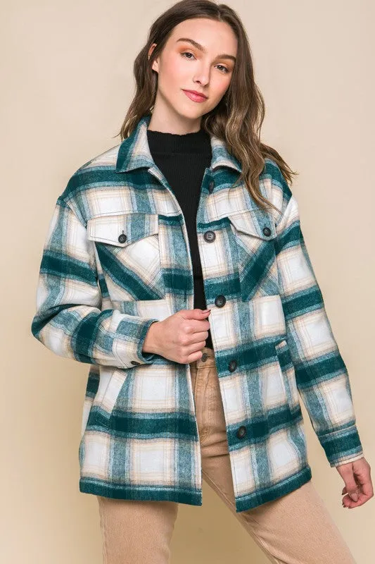 Teal Blue Plaid Button Up Jacket with Sherpa Lining