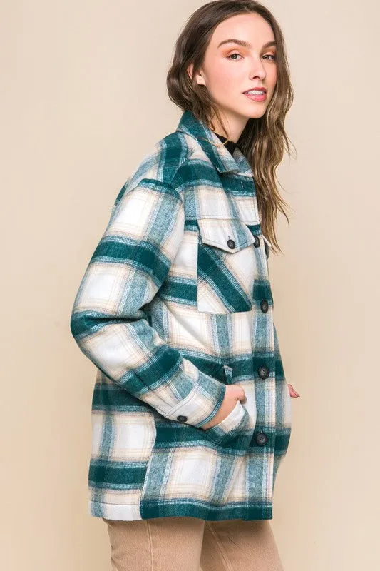 Teal Blue Plaid Button Up Jacket with Sherpa Lining