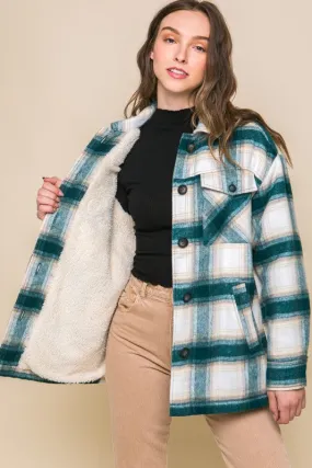 Teal Blue Plaid Button Up Jacket with Sherpa Lining