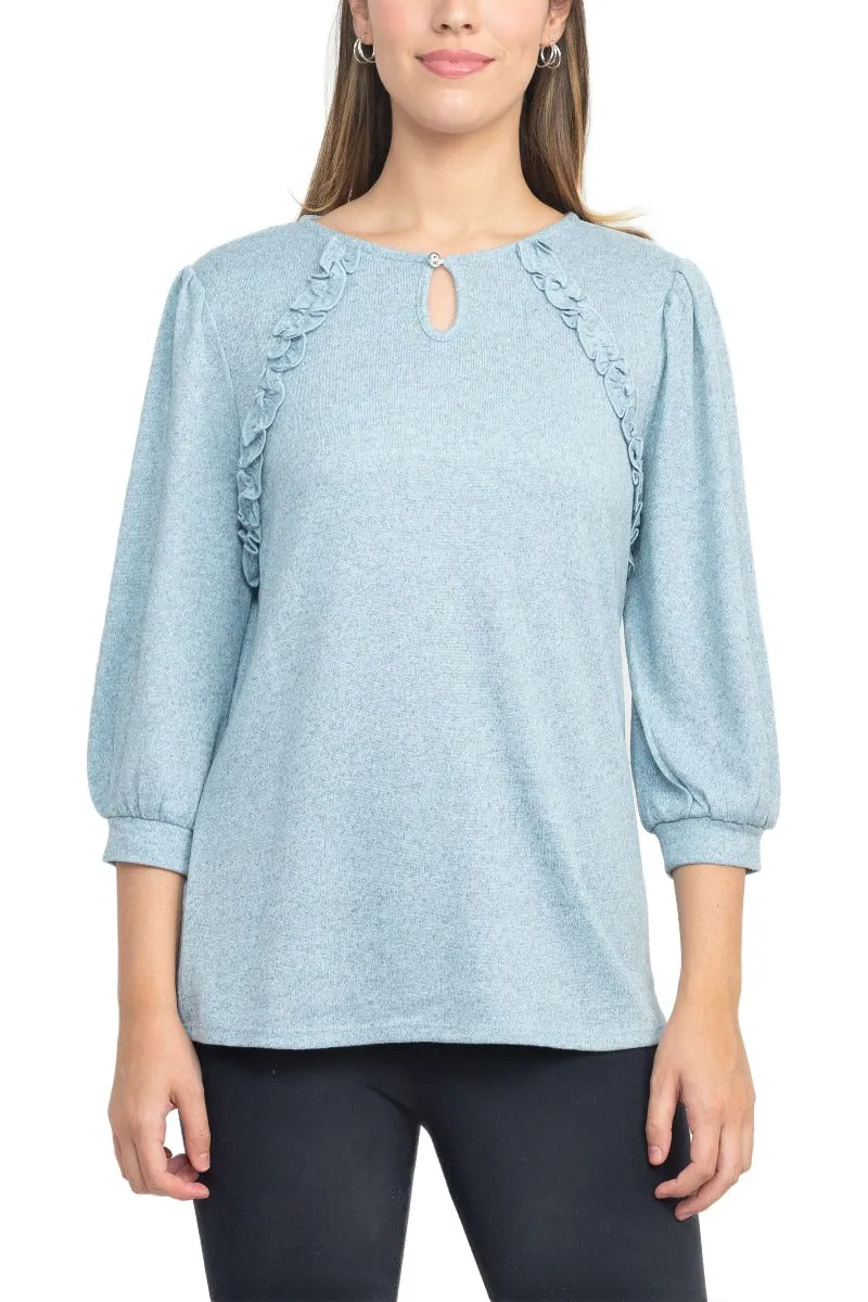 Tint   Shadow 3/4 Sleeve Crew Neck With Rhinestone Button Keyhole & Front Ruffle Detail Knit Top