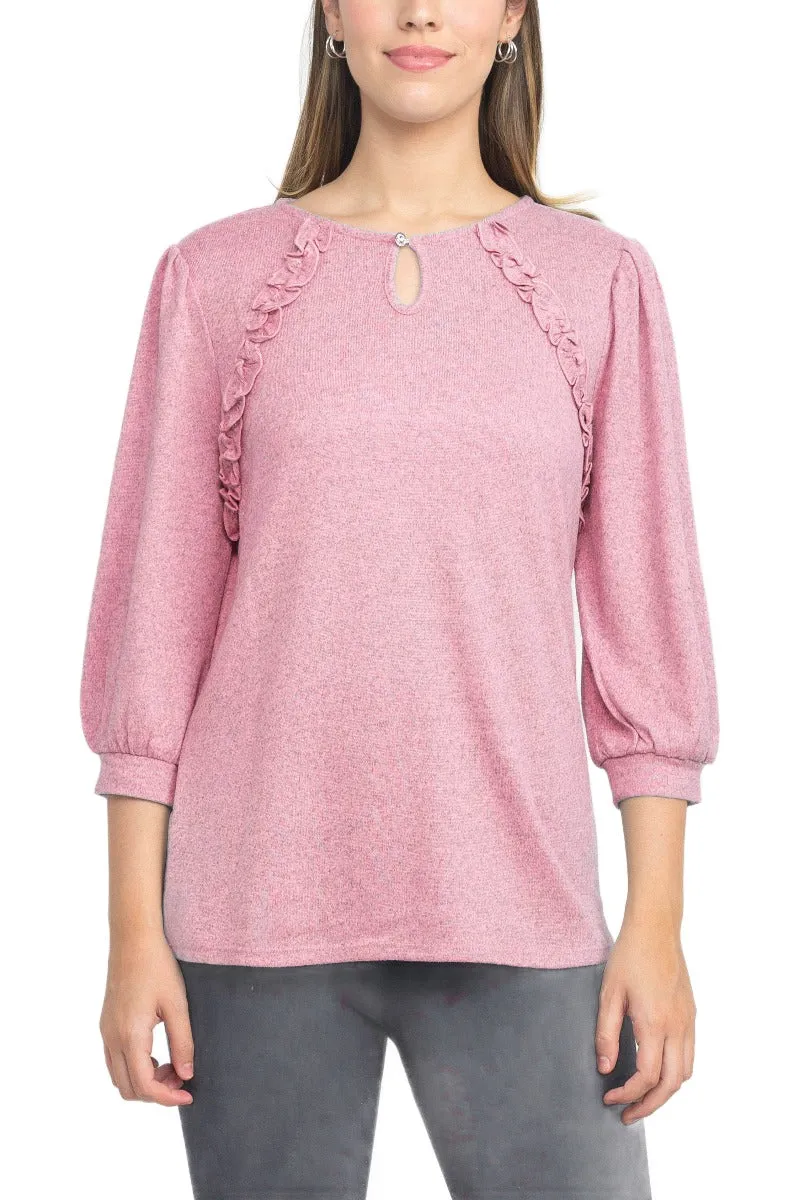 Tint   Shadow 3/4 Sleeve Crew Neck With Rhinestone Button Keyhole & Front Ruffle Detail Knit Top