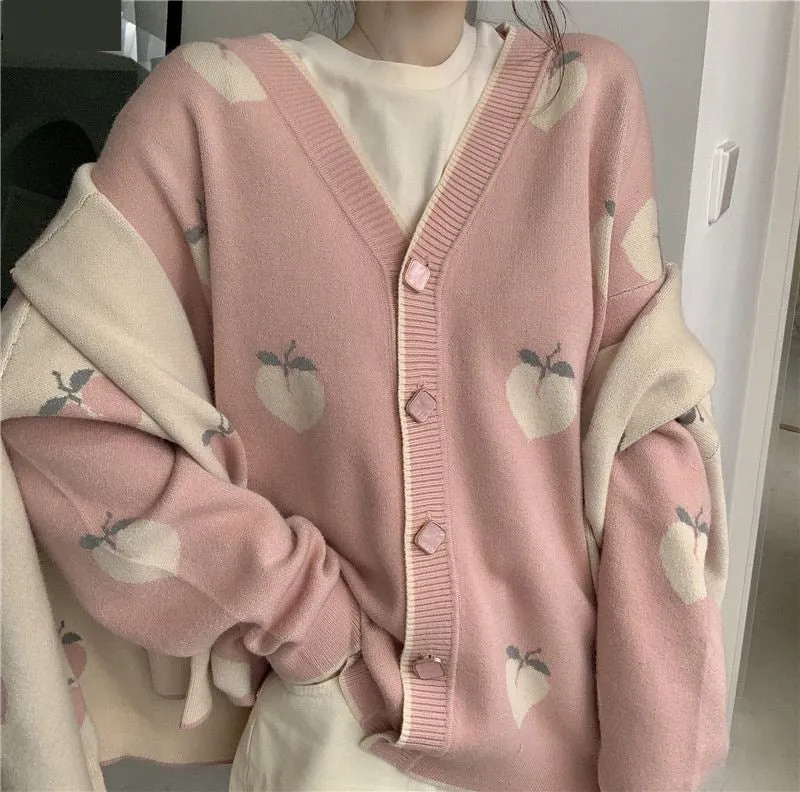 V-Neck Peach Loose Cardigan Sweater