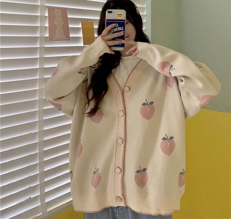 V-Neck Peach Loose Cardigan Sweater