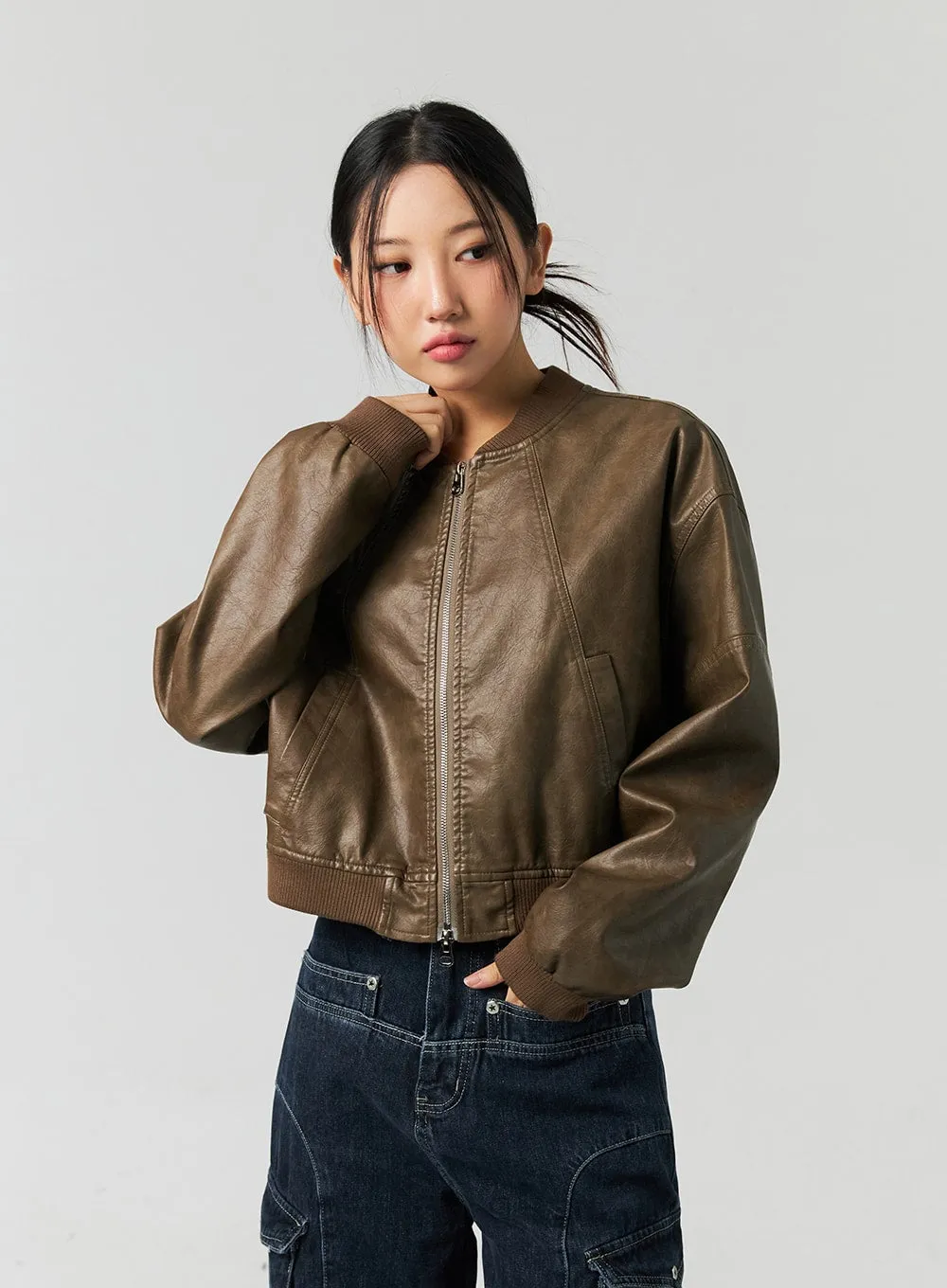 Vintage Faux Leather Bomber Jacket CO323