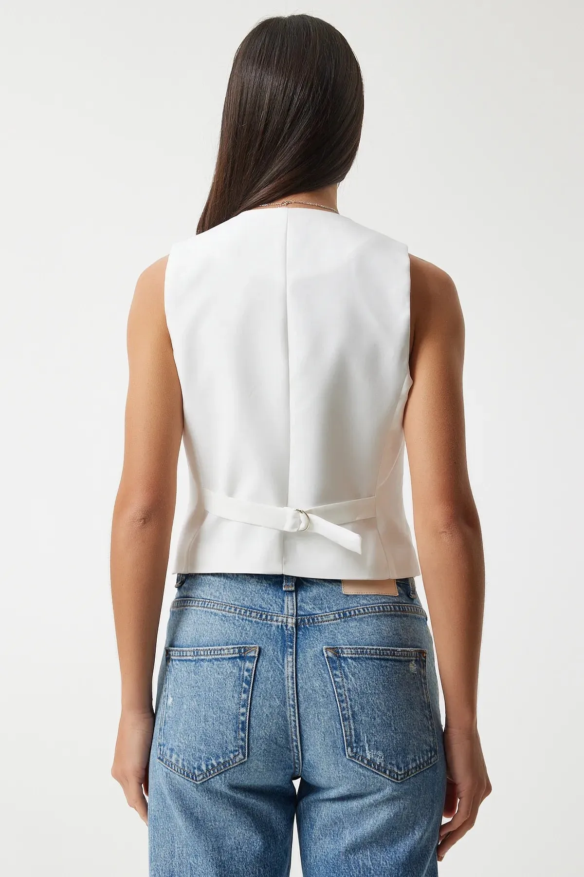 White Body-fitting Short Woven Vest