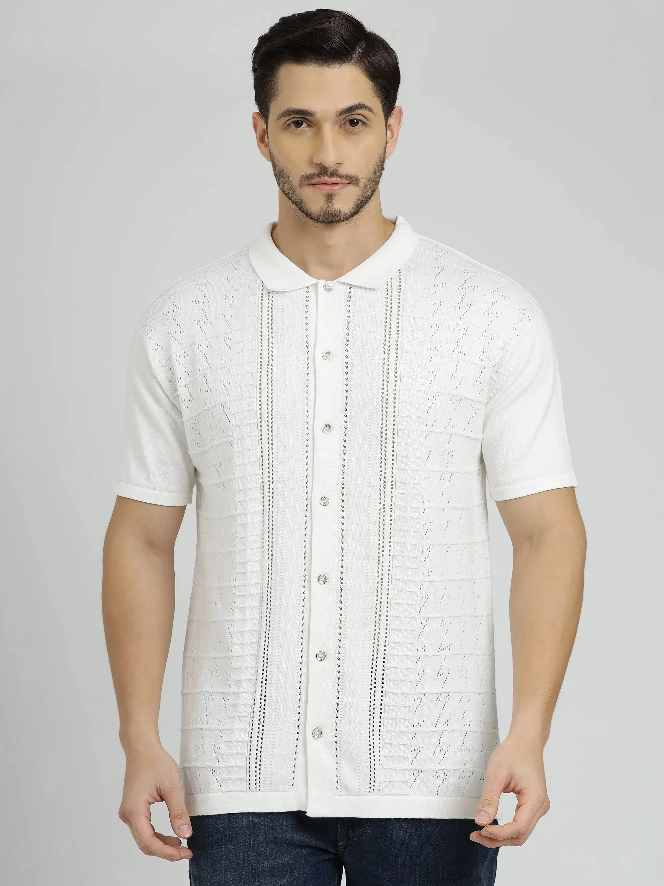 White Half Sleeve Men's Knit Shirt Crochet