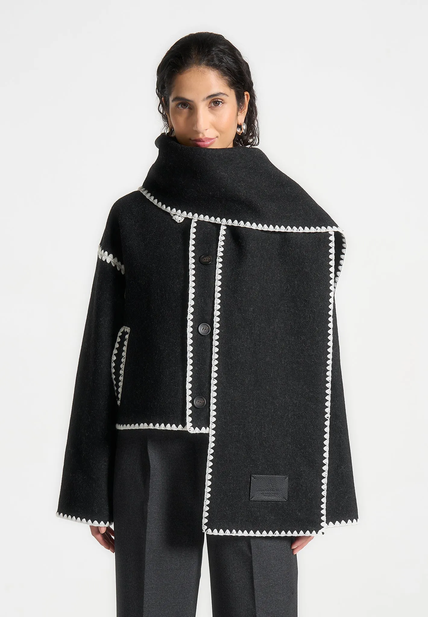 Wool Blanket Stitch Jacket with Scarf - Black