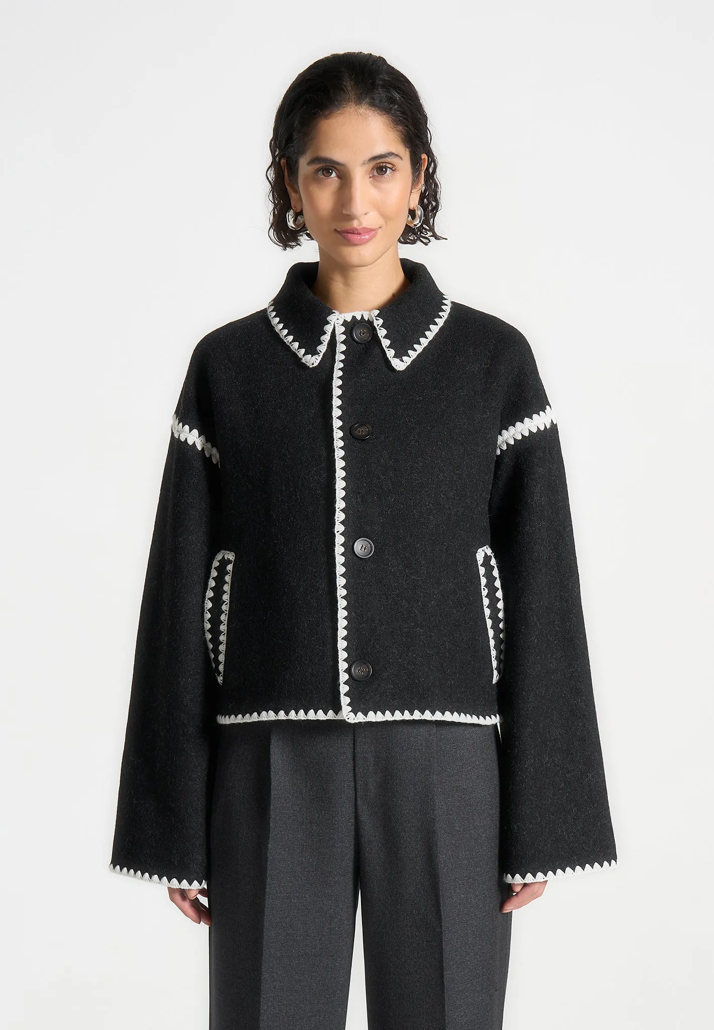 Wool Blanket Stitch Jacket with Scarf - Black