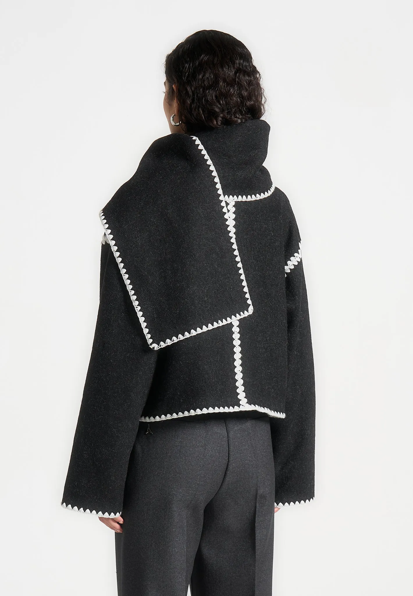 Wool Blanket Stitch Jacket with Scarf - Black